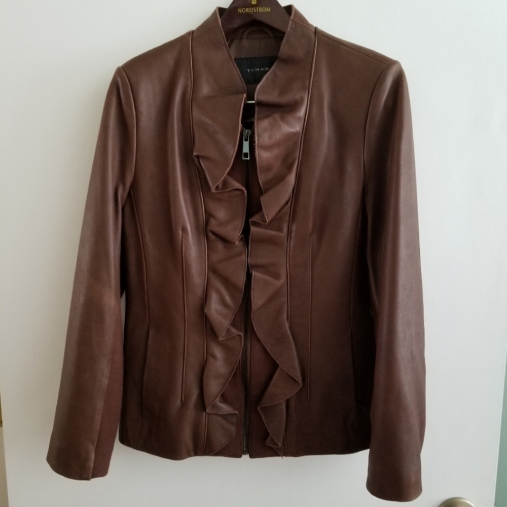 Tahari Brown Leather Jacket Size Medium